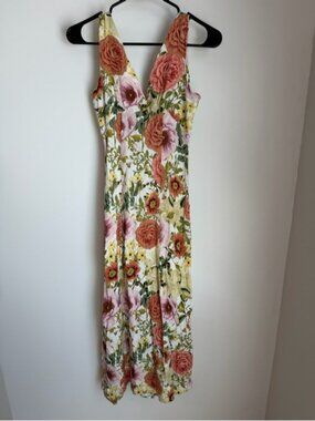 Floral V-Neck Maxi Dress in White with Pink & Coral Blooms